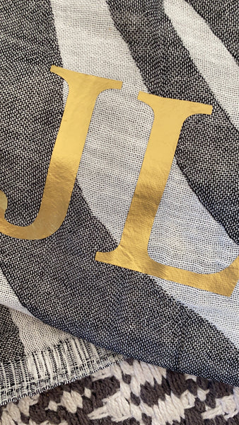 Monogrammed zebra print turkish towel with self tassels and personalised initials