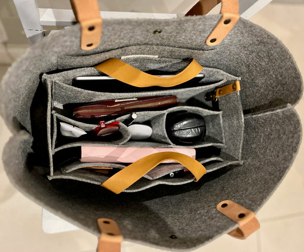 Eco-felt sustainable handbag organiser with leather handles