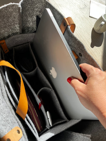 Eco-felt sustainable handbag organiser with leather handles. Easily fits a laptop