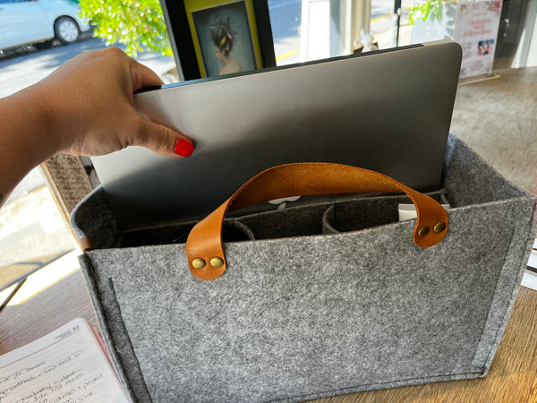 Eco-felt sustainable handbag organiser with leather handles