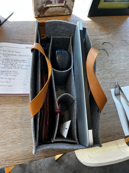 Eco-felt sustainable handbag organiser with leather handles