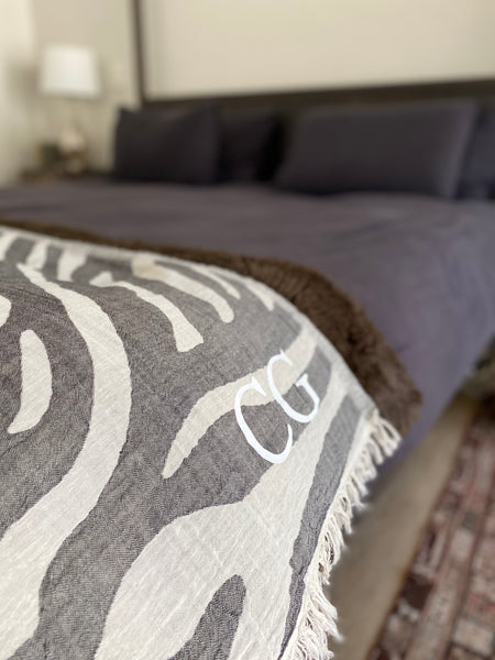 Monogrammed zebra print turkish towel with self tassels and personalised initials