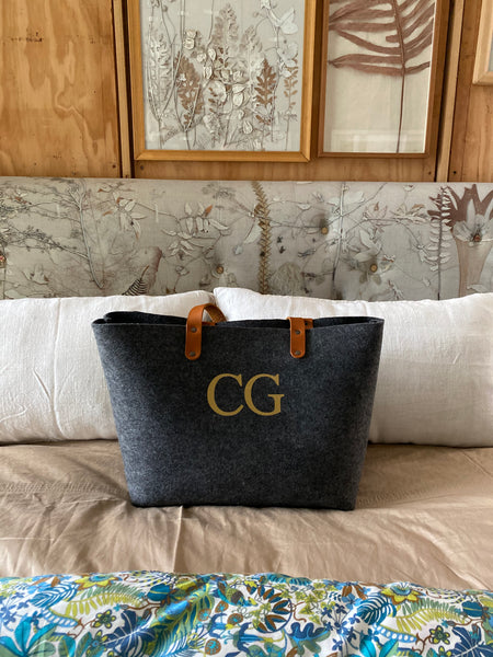Personalised eco recycled plastic bottle felt and leather handle shopper bag with monogram