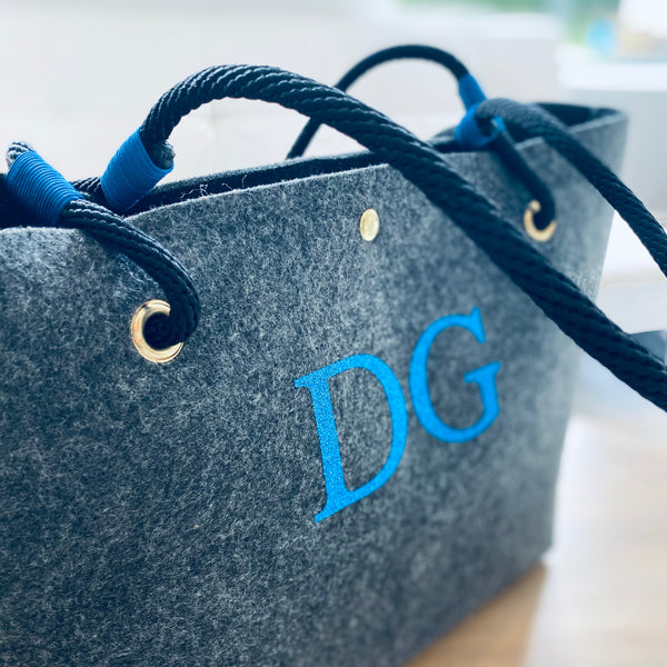 Personalised eco recycled plastic bottle felt and rope shopper bag with monogram