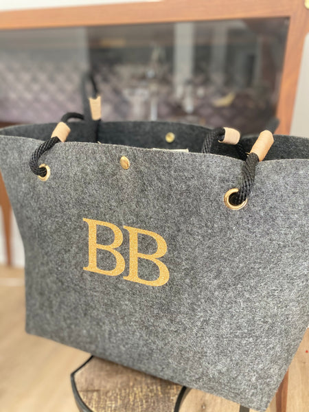 Personalised eco recycled plastic bottle felt and rope shopper bag with monogram