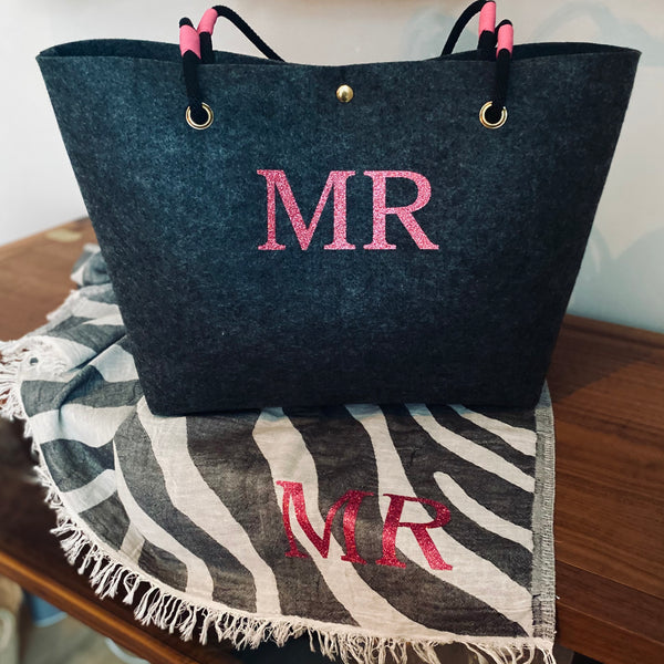 Personalised eco recycled plastic bottle felt and rope shopper bag with monogram