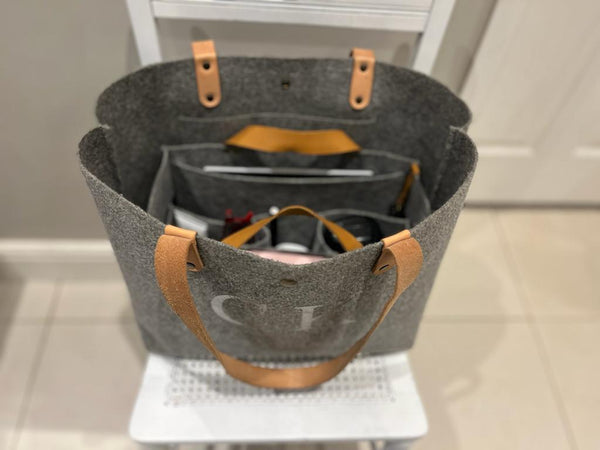 Eco-felt sustainable handbag organiser with leather handles
