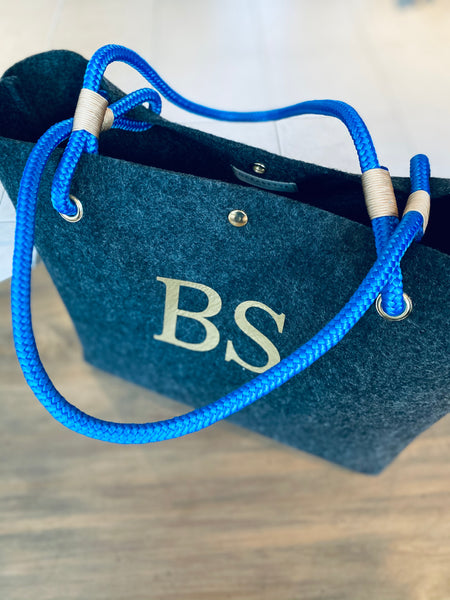 Personalised eco recycled plastic bottle felt and rope shopper bag with monogram