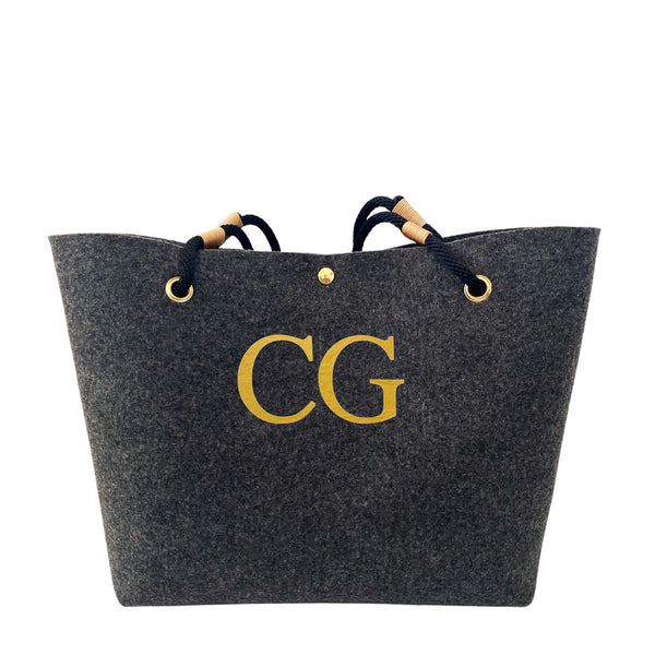 Personalised eco recycled plastic bottle felt and rope shopper bag with monogram